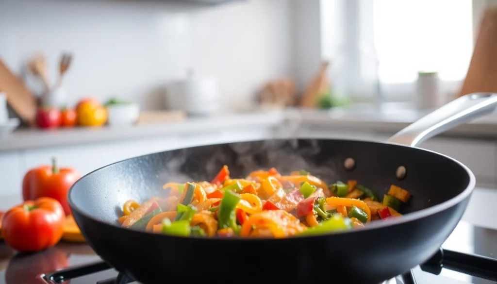 Cooking vibrant stir-fried vegetables in the best nonstick pan NZ showcased in a modern kitchen.