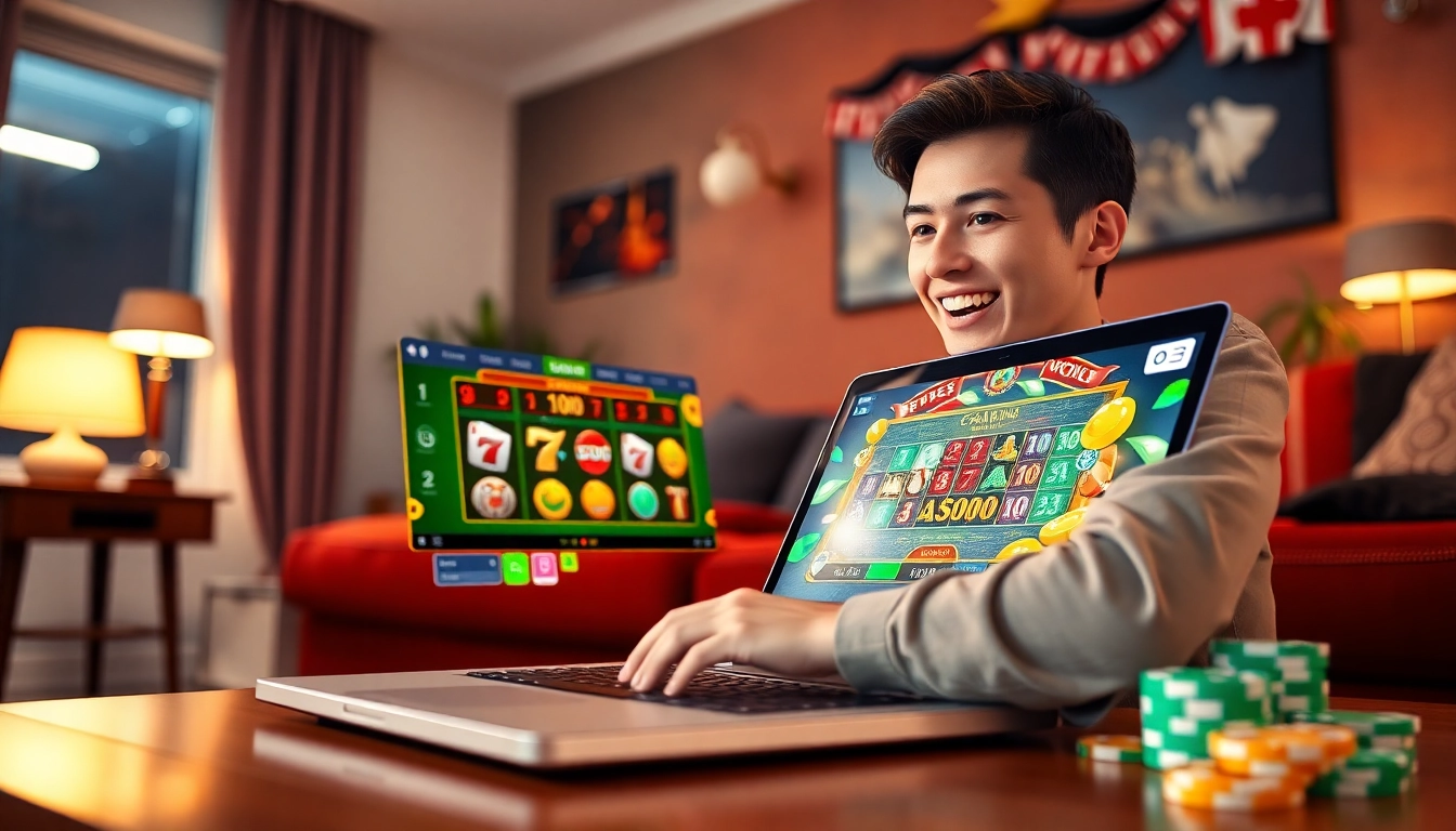 Engaged player enjoying Canada online casinos on a laptop in a cozy gaming environment.