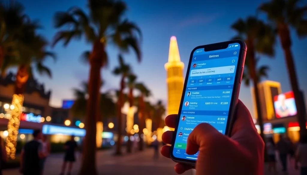 Engage with online sports betting California through a smartphone displaying betting odds against a vibrant city backdrop.