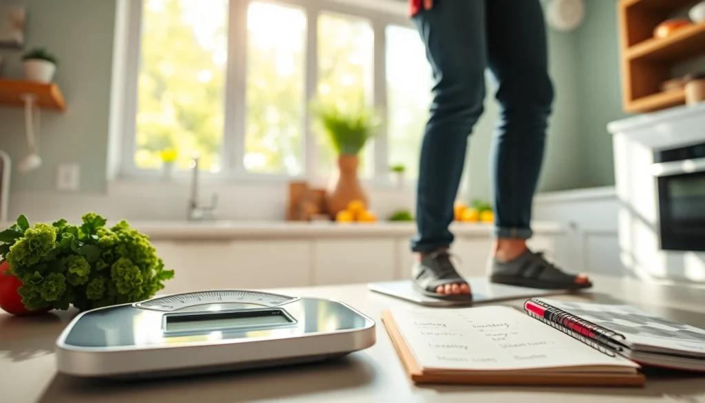 Persoon experiencing a weight loss plateau while standing on a scale in a bright kitchen.