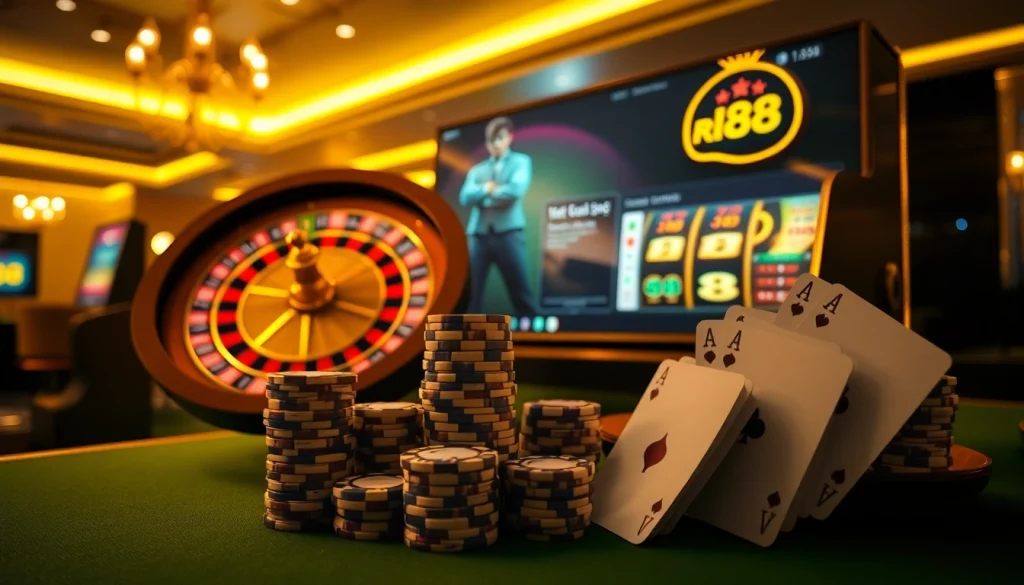 Experience the exciting world of rr 88 with vibrant casino visuals and elegant gaming elements.