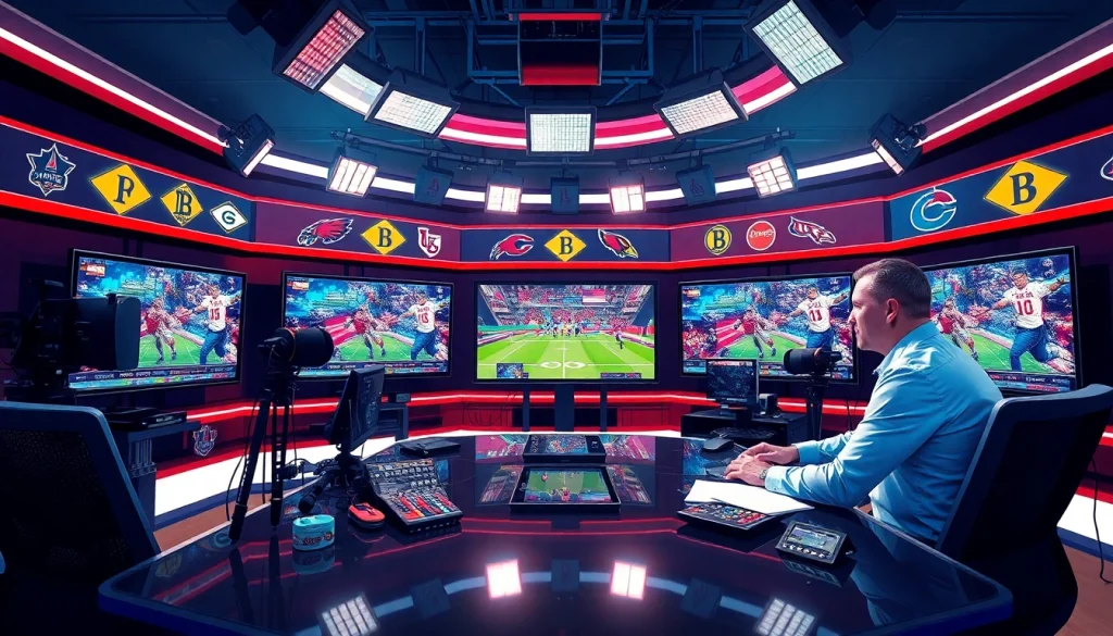 Engaging scene of sports broadcasting with dynamic hosts and modern technology emphasizing Sports Broadcasting.