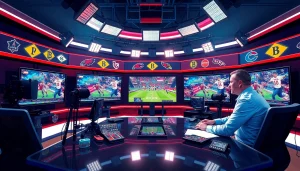 Engaging scene of sports broadcasting with dynamic hosts and modern technology emphasizing Sports Broadcasting.