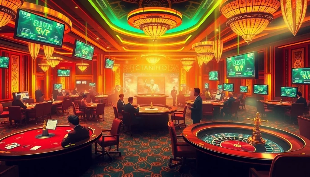Engage with hidden wiki concepts in a vibrant casino scene featuring poker tables and roulette wheels.
