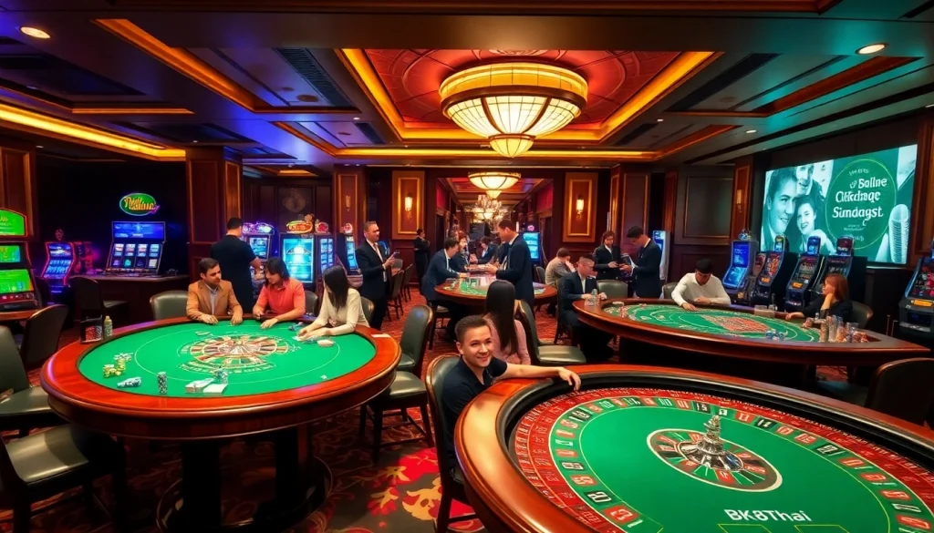 Engaged players enjoying a variety of games in a vibrant BK8Thai casino environment.