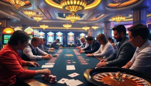 Engaging gamblers at a luxurious casino table, featuring 7upbet betting elements and vibrant atmosphere.