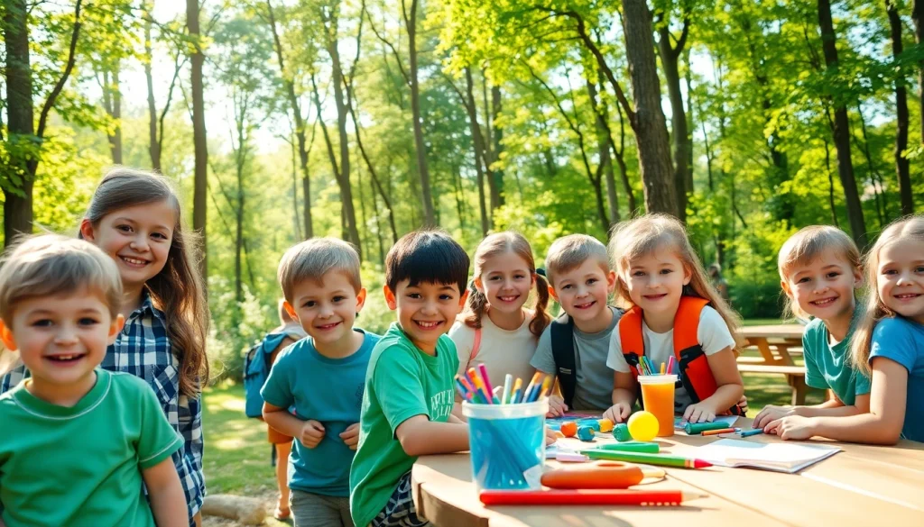 Kids enjoying activities at holiday camps, creating art and playing sports in nature.