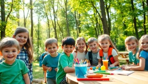 Kids enjoying activities at holiday camps, creating art and playing sports in nature.
