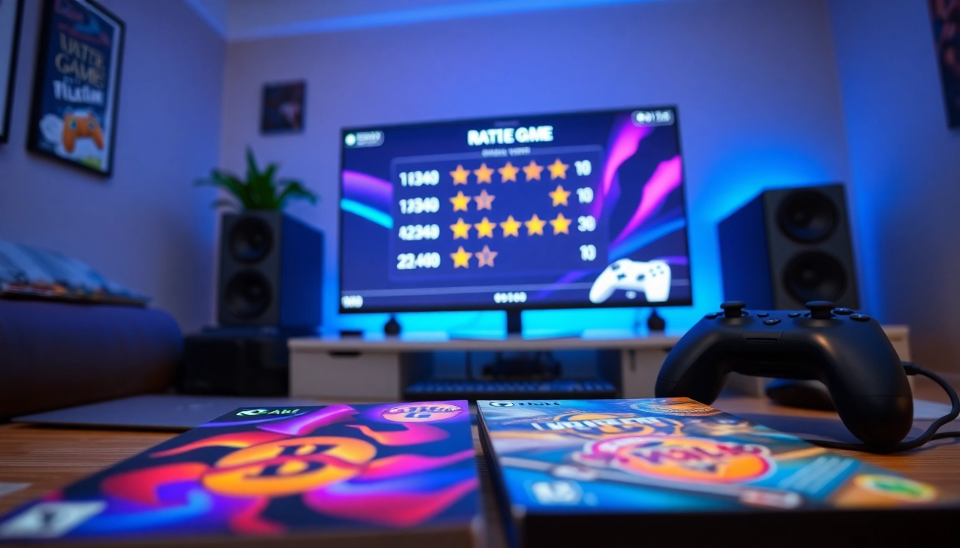 Showcasing video game reviews and ratings with vibrant gaming setup highlights.