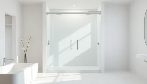 Elegant glass shower doors enhancing a luxurious bathroom's aesthetics and space.