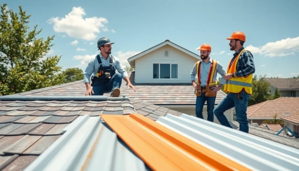 Promote reliable roofing services by showcasing skilled contractors inspecting a roof.