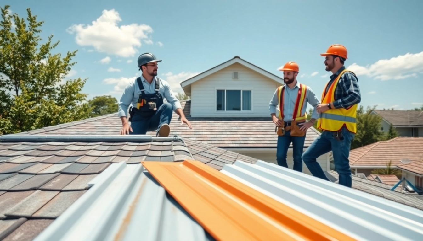 Promote reliable roofing services by showcasing skilled contractors inspecting a roof.