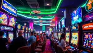 Menampilkan pengalaman slot deposit 1k dengan mesin slot berkilau dan pemain yang bersemangat.