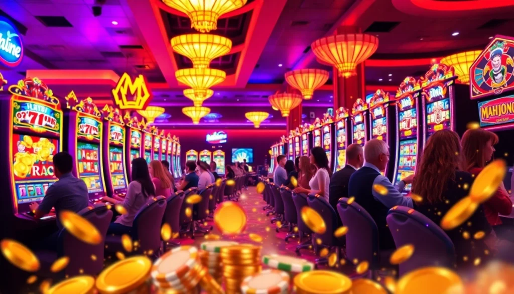 Players enjoy the Mahjong slot demo in a colorful and vibrant casino setting, highlighting the excitement of gambling entertainment.