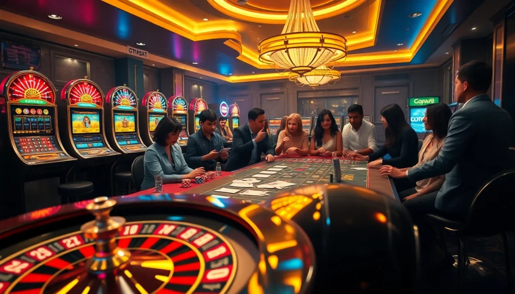 Experience the thrill of Gopay88 with a bustling casino table, vibrant chips, and excitement.