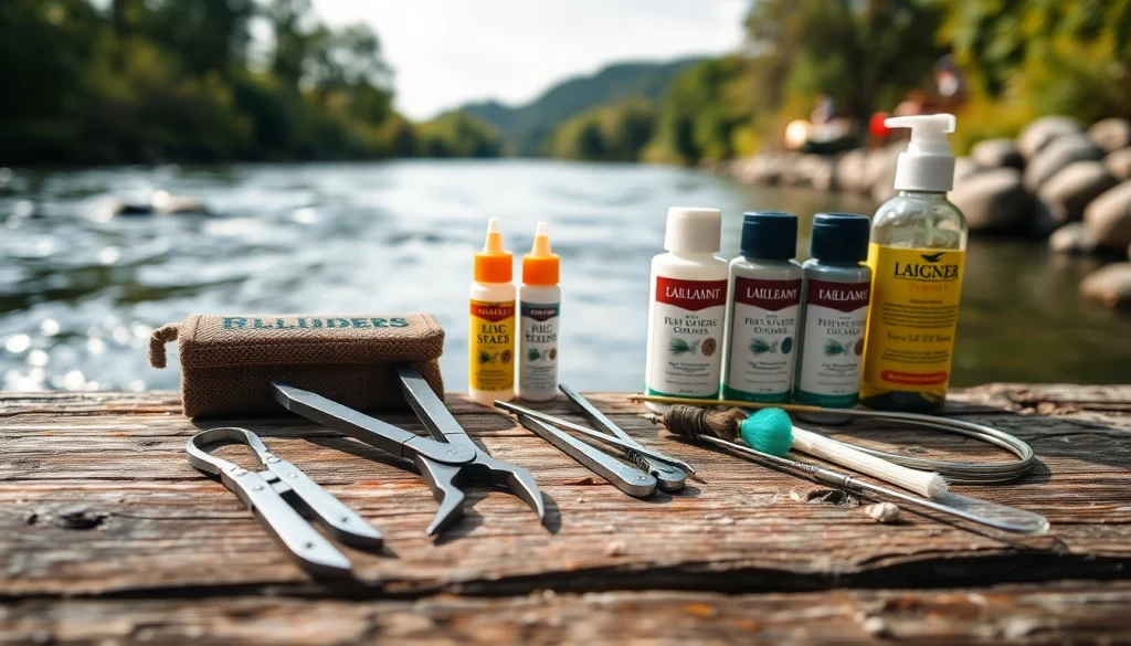 Showcase essential Fly fishing accessories like nippers and hemostats on a rustic river bank.