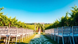 Showcase a beautiful wedding setup at Clarksburg Wedding Venues surrounded by vineyards.