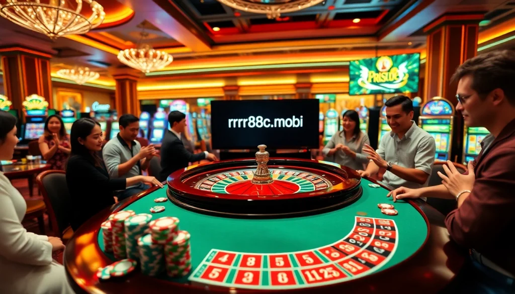 Engaged players enjoying the excitement of roulette at rr88c.mobi, showcasing vibrant chips and slot machines.