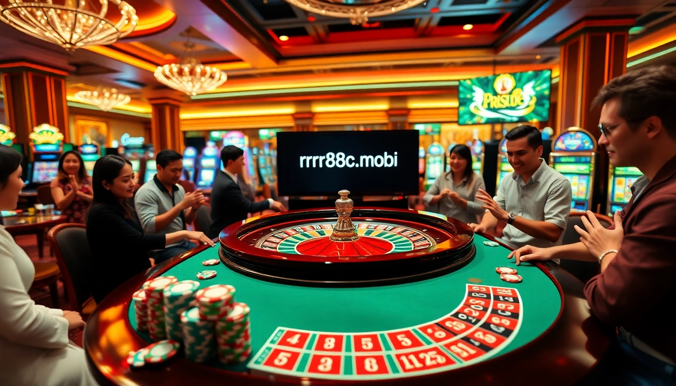 Engaged players enjoying the excitement of roulette at rr88c.mobi, showcasing vibrant chips and slot machines.