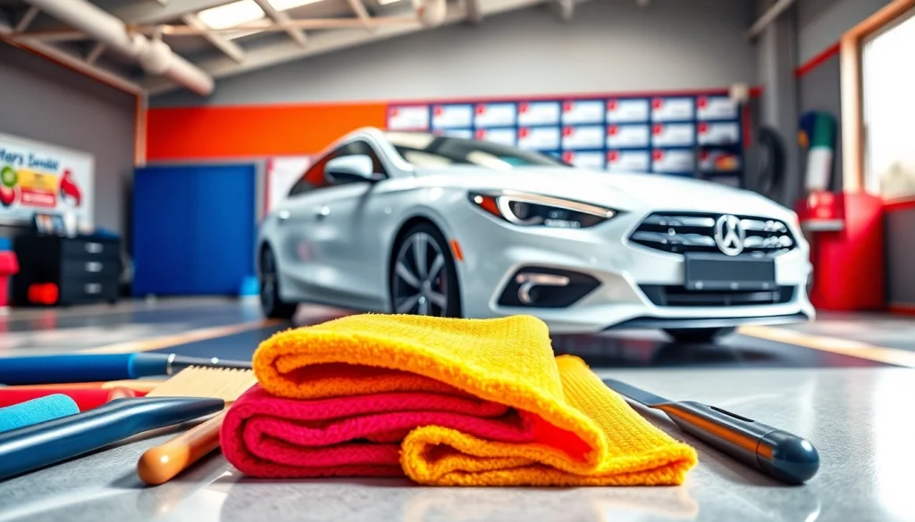 Prominent car detailing gift certificate displayed alongside gleaming car wash tools in a vibrant setting.