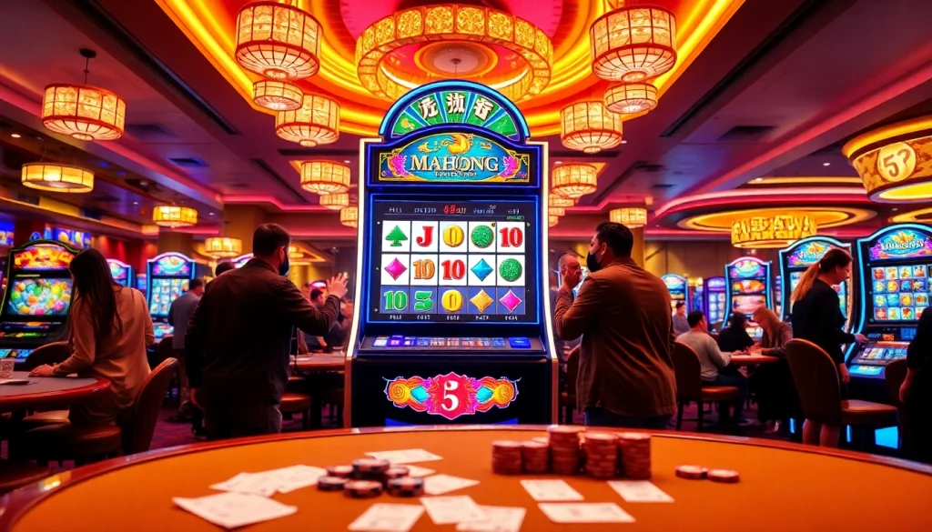 Rasakan sensasi bermain demo Mahjong Slot dengan visual yang hidup dan pemain yang terlibat di kasino mewah.