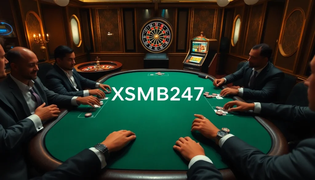 XSMB247 gamblers strategize at a luxurious poker table in a vibrant casino scene.