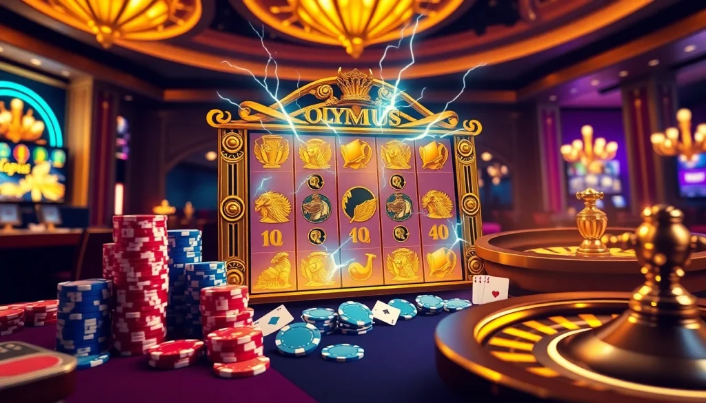 Mainkan permainan Olympus Slot pada antarmuka kasino yang elegan dipenuhi chip poker dan simbol Zeus.