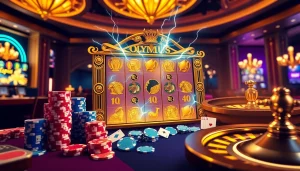 Mainkan permainan Olympus Slot pada antarmuka kasino yang elegan dipenuhi chip poker dan simbol Zeus.