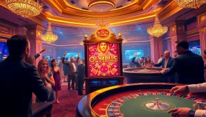 Players enjoying wins on the Olympus slot machine in a luxurious casino setting.