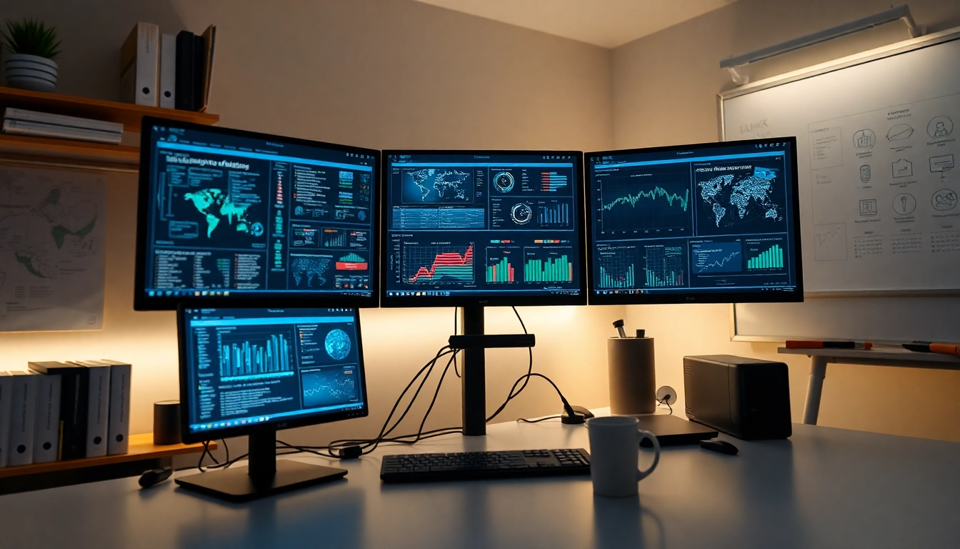 Infosec data analysis in a modern Cybersecurity workspace with monitors and risk assessment diagrams.