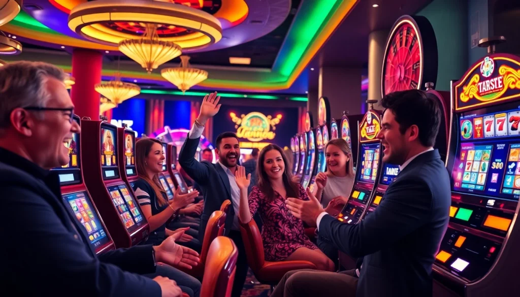 Gamblers celebrating wins on idnslot machines in a vibrant casino setting.