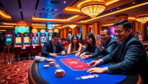 Players winning big at BK8THAI casino tables, celebrating their gambling success.