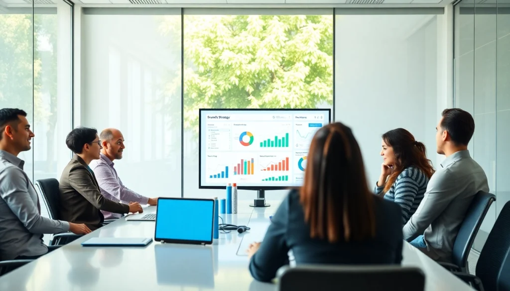 Discussing growth strategy trends in a collaborative business environment with charts and graphs.