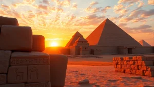 Pyraminds illuminated by sunset showcasing majestic structures and intricate hieroglyphs.