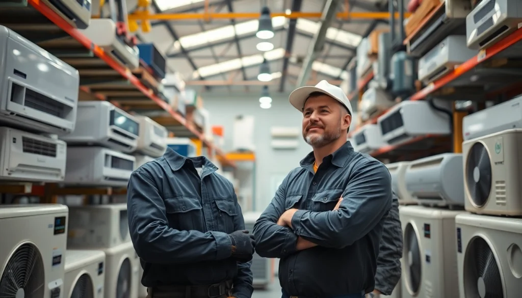 Explore Wholesale AC Units for Contractors displayed in a professional warehouse environment.