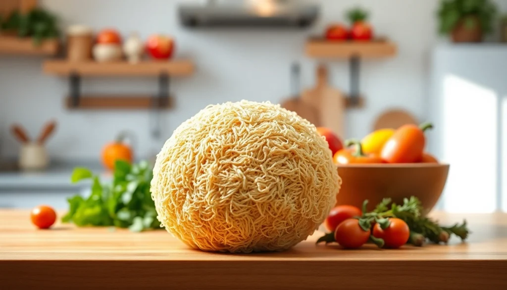 Kitchen loofah amidst fresh vegetables on a wooden countertop, promoting natural cleaning.
