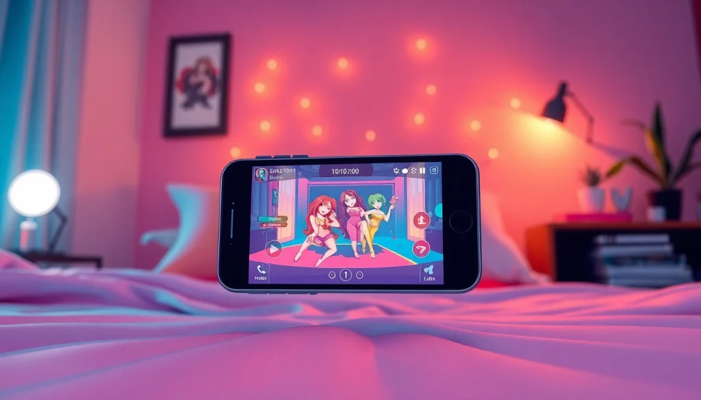 Mobile porn game on a smartphone screen in a cozy bedroom environment.