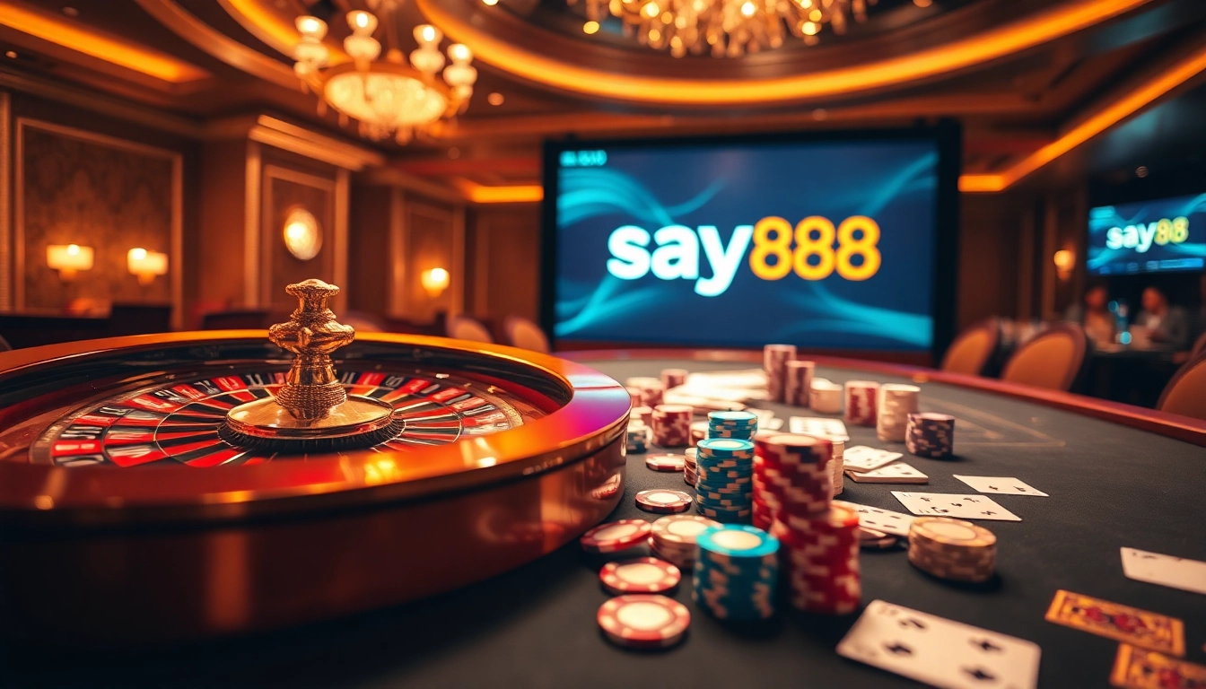 Engaging scene of players enjoying a casino experience with say88 logo prominently displayed.