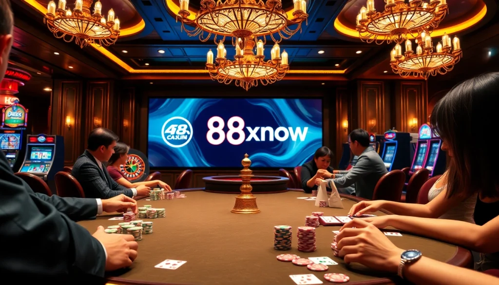 An exciting casino scene showcasing players at a table, enhancing the vibe of https://88xx.now/ with dynamic card action.