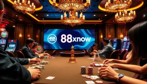 An exciting casino scene showcasing players at a table, enhancing the vibe of https://88xx.now/ with dynamic card action.