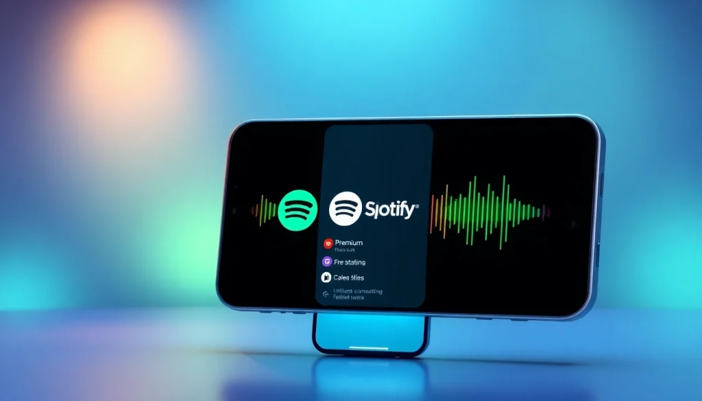 Spotify mod showcasing premium features on a smartphone with vibrant soundwaves.