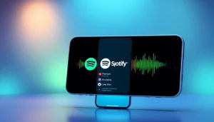 Spotify mod showcasing premium features on a smartphone with vibrant soundwaves.