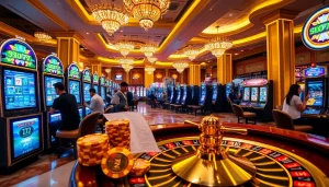 Players enjoying the excitement of slot777 machines in a vibrant casino environment filled with lights and luxury.