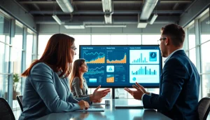 Analyze b2b competitive intelligence with professionals collaborating over data in a bright office.