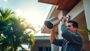 Cámaras de seguridad en Liberia mostradas en una instalación profesional por un técnico en un entorno tropical