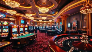 Poker players enjoying a vibrant casino atmosphere at vin777 vin, with roulette wheels and slot machines.