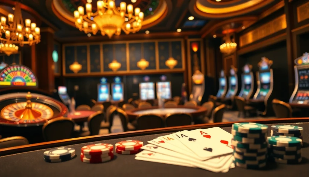 Découvrez l'excitation du meilleur casino en ligne France à une table de jeu luxueuse ornée de jetons de poker et de cartes.