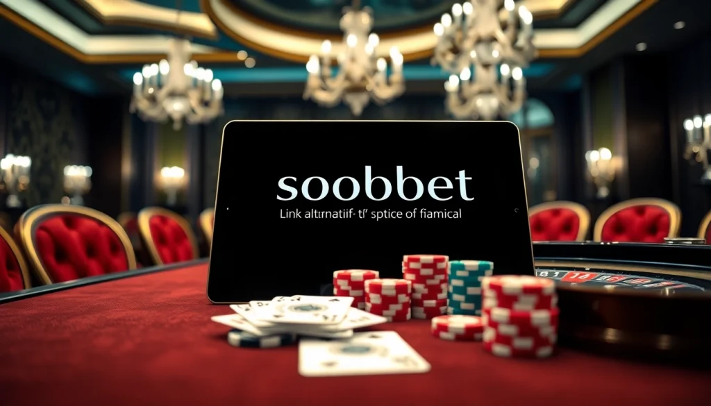 Engage with sbobet link alternatif on a luxurious digital gambling platform, featuring poker chips and roulette table.