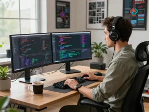A software developer engaged in converting image to prompt, surrounded by modern tech workspace elements including dual monitors and coffee.