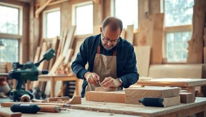 Carpenter expertly chiseling wood in a well-lit workshop filled with tools.